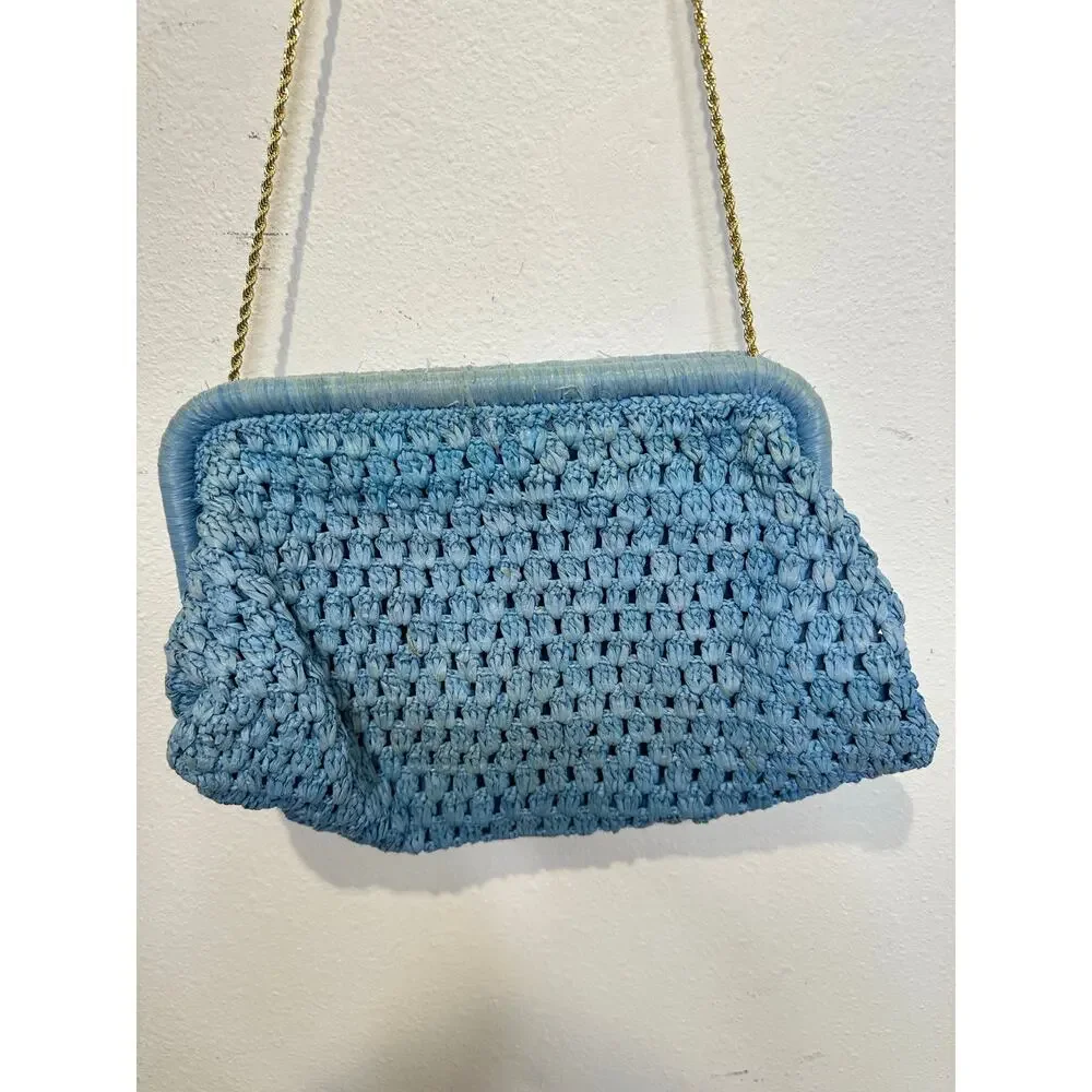 LOEFFLER RANDALL Light Blue Crochet Trudie Frame Gold Chain Clutch Purse Bag